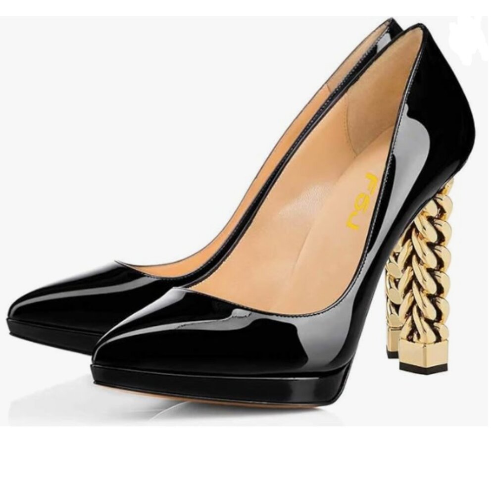 FSJ Black Platform Gold Metal Chain Chunky High Heel Pointed Toe Prom Pumps